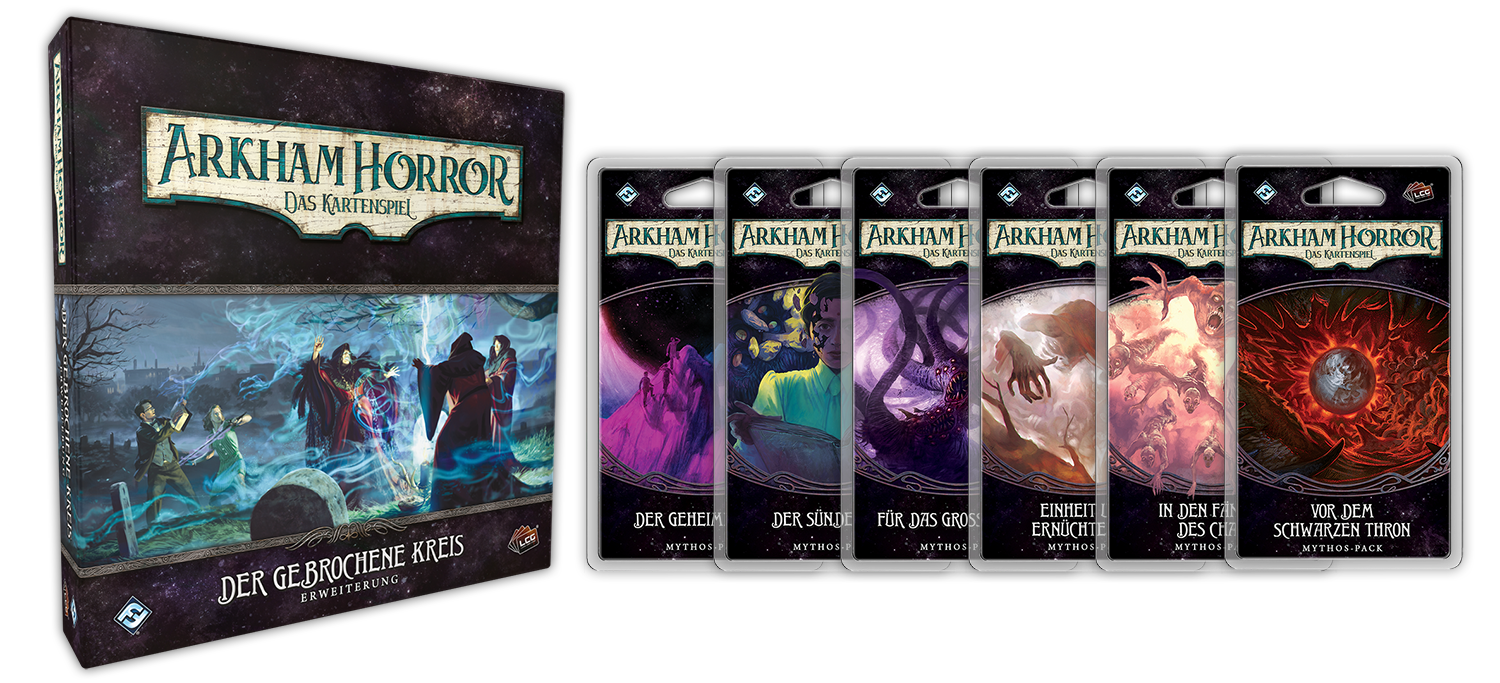 Die Box und die Mythos Packs zum kompletten Zyklus der Der gebrochene Kreis Erweiterung zum Arkham Horror LCG